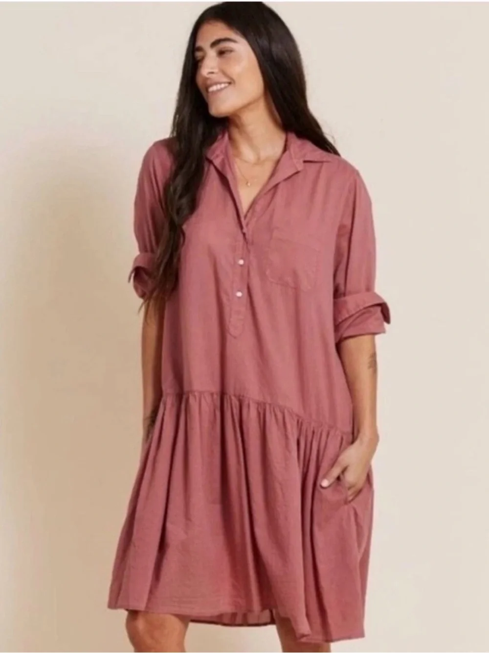 Grayson Frank and Eileen Changemaker Drop Waist Shirt Dress Rosewood Lagenlook